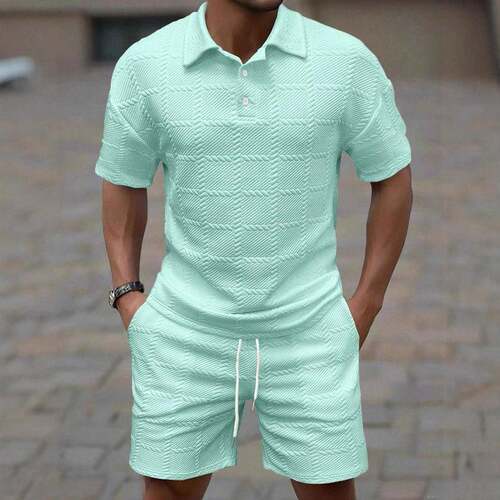 Men two casual suit mesh pattern V neck sleeve drawstring