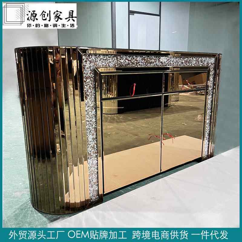 圆角镜面餐边柜玻璃橱柜储物柜轻奢斜边柜两门抽屉柜外贸直销