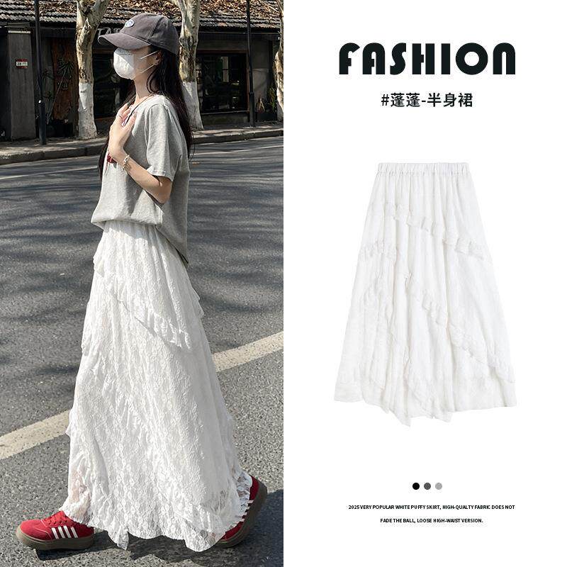 白色蕾丝半身裙女新款夏季高腰垂感夏季字半裙蓬蓬蛋糕长裙