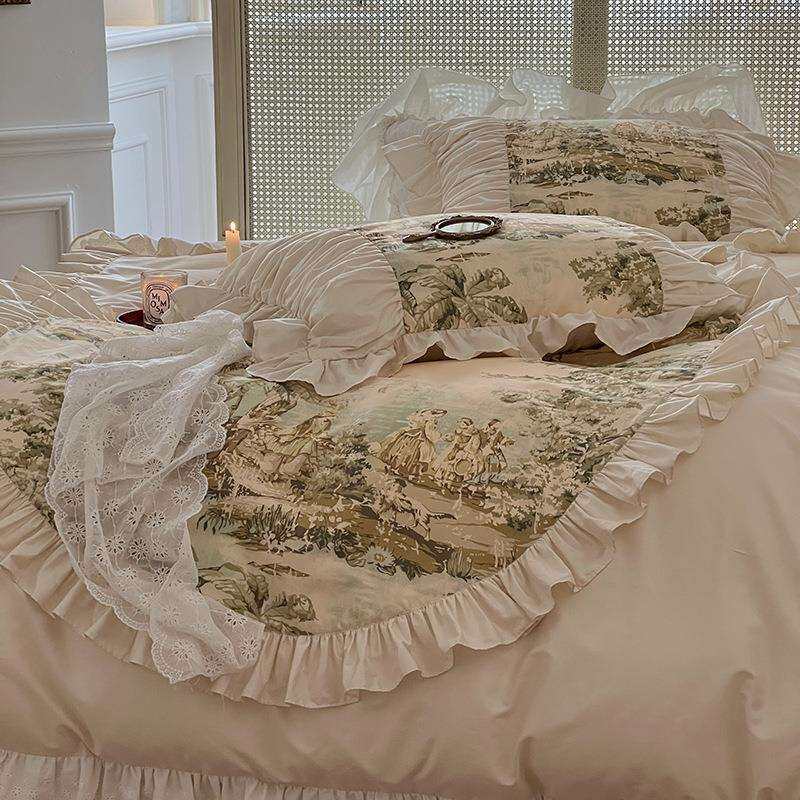 欧式复古油画风小众轻奢百搭纯棉斜纹全棉床裙款别墅床品四件套