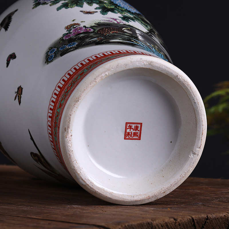 陶瓷落地大花瓶装饰品摆件釉上彩花鸟安居乐业大号鱼尾瓶客厅摆设