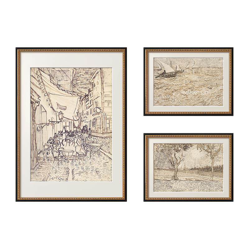 梵高素描风景画组合画法式复古艺术客厅装饰画中古风玄关斗柜挂画