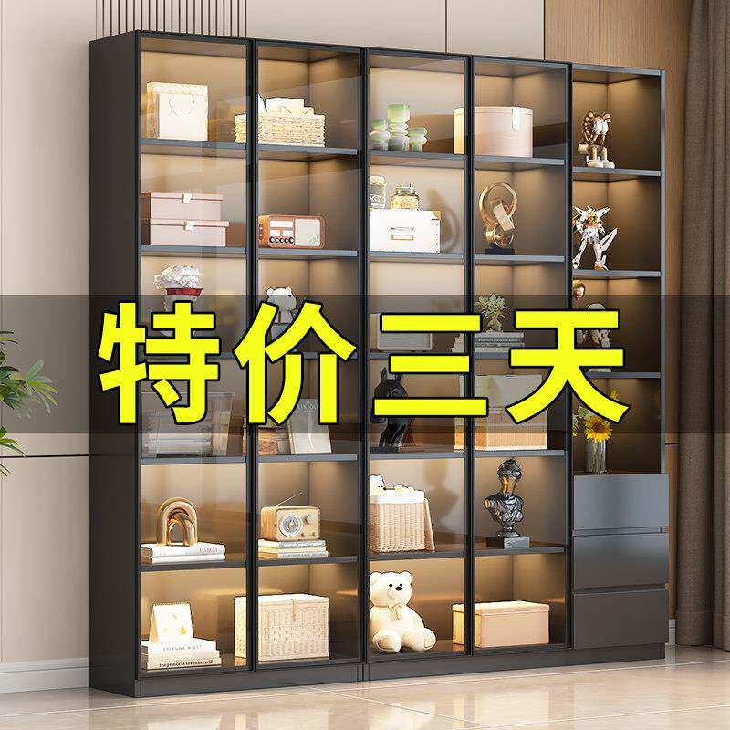 书柜带玻璃门定制一体整墙到顶书架家用客厅展示酒柜实木手办柜子图片