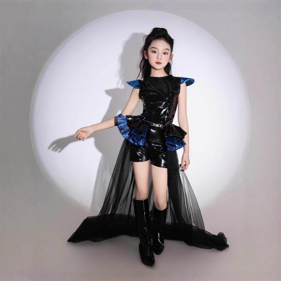 女童潮服机车风皮衣套装7朋克未来青龙主图蓝黑9金属感t台秀服新