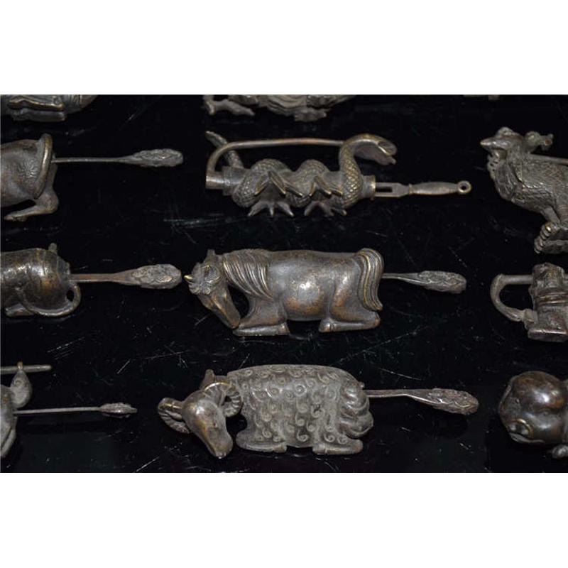 件藏民旧老式古玩密码收藏开横铜锁民俗古董挂锁老物俗十二生肖