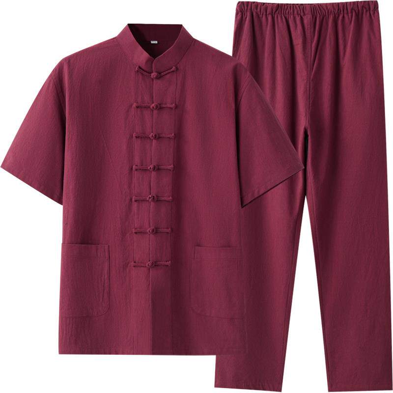 正品中季棉女麻长短袖式国风唐装男汉服居士茶禅夏道练功太极服中