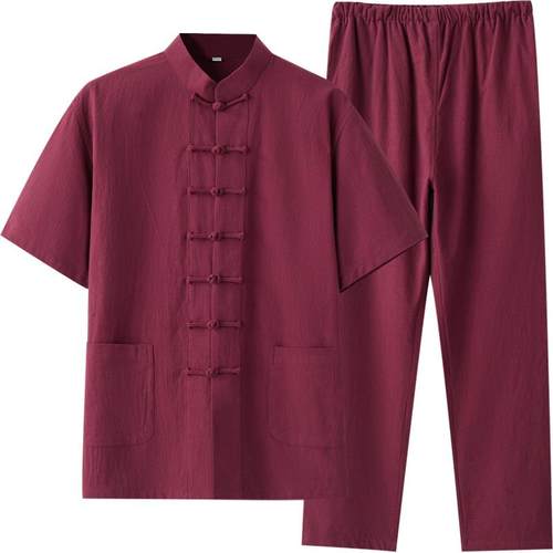 正品中季棉女麻长短袖式国风唐装男汉服居士茶禅夏道练功太极服中