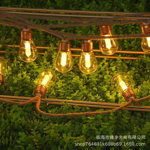 跨境新款led太阳能户外防水灯串复古麻绳室外露营摆摊灯泡氛围灯