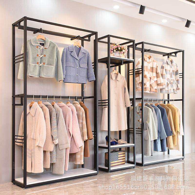 服装店铁艺黑色展示架带板双层靠墙落地式货架正侧挂衣架子男女装