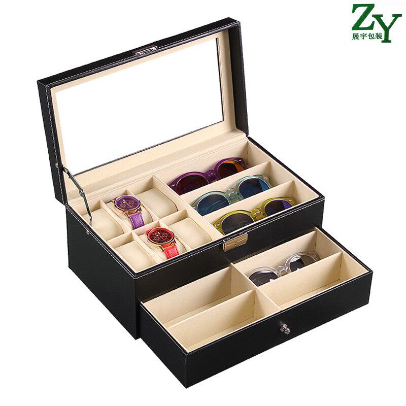 跨境现货6位手表收纳盒pu皮革首饰盒双层太阳眼镜收纳包装盒