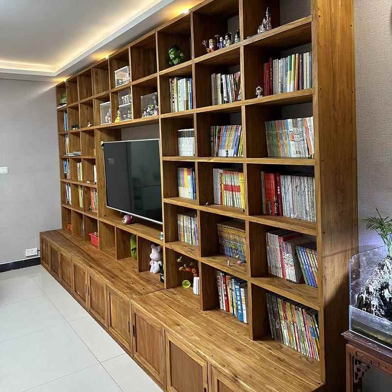定制老榆木书架满墙书柜定做全实木书架落地格子架客厅书架置物架