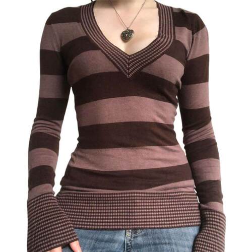 Women'S Striped V Neck Slim Fiting Knit Top Fall Winter