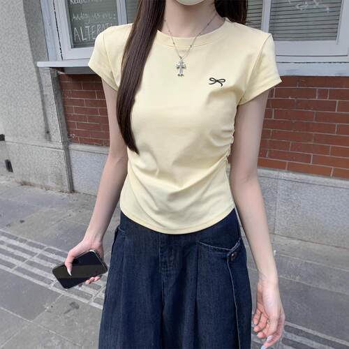 蝴蝶结绣圆领短袖T恤夏季款修身显瘦百搭褶皱上新刺衣女