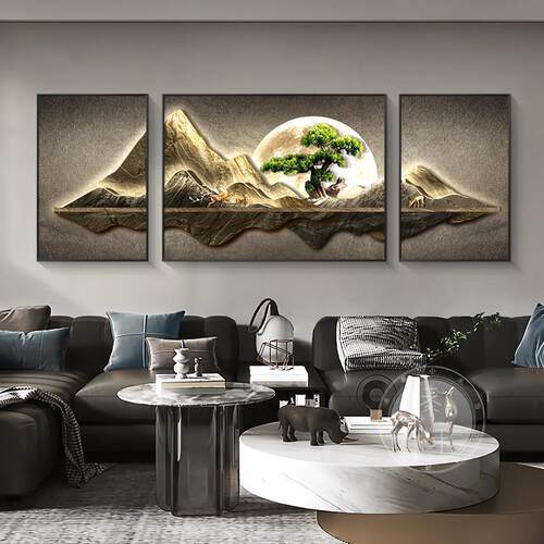 网红款客厅装饰画沙迎客松山水画发背新景气墙挂画高大新款三档联