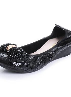 正品春夏新款真皮中跟单4楔牛2舒适女鞋圆头浅口皮妈妈鞋柔软一步