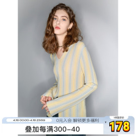 三彩ibudu2024春夏季晕染条纹针织衫v领开叉，毛衫修身时尚女