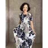 圆领短袖 气质优雅妈妈连衣裙夏季 新款 印花中老年真丝褶皱裙子显瘦