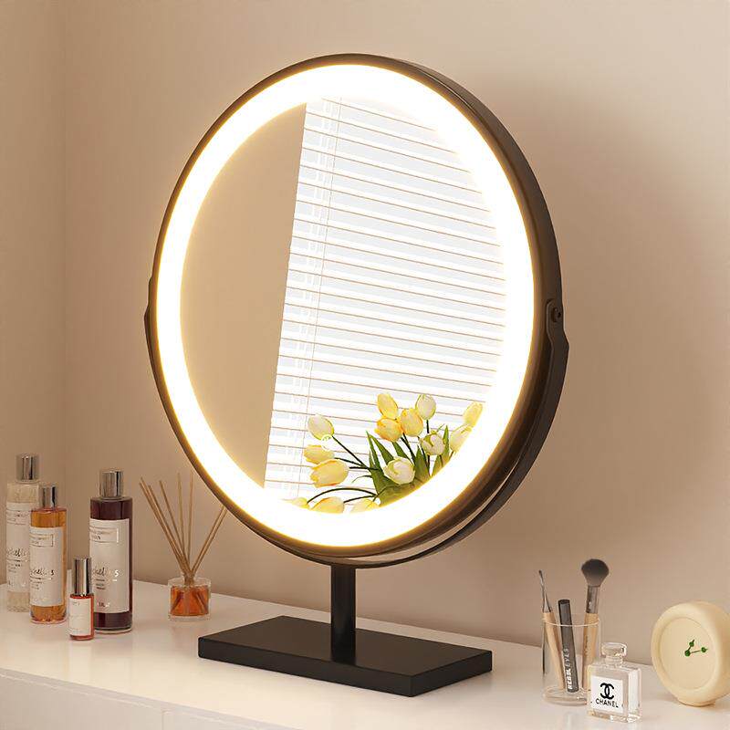 梳妆台圆形镜子带灯台式桌面高级发光梳妆镜可旋转卧室智能化妆镜