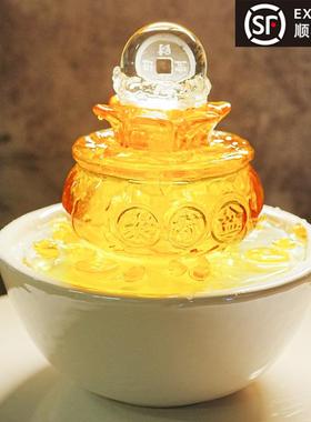 小型开业乔迁送礼风水轮流水器生财聚宝盆家居客厅前台玻璃品摆件