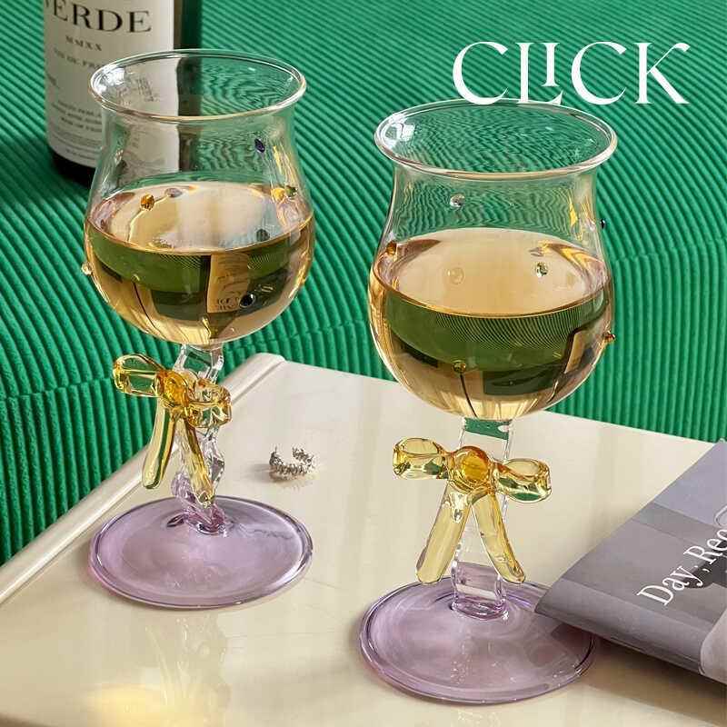 click手工玻璃蝴蝶结高颜值高脚杯香槟红酒鸡尾酒杯ins风可爱礼物