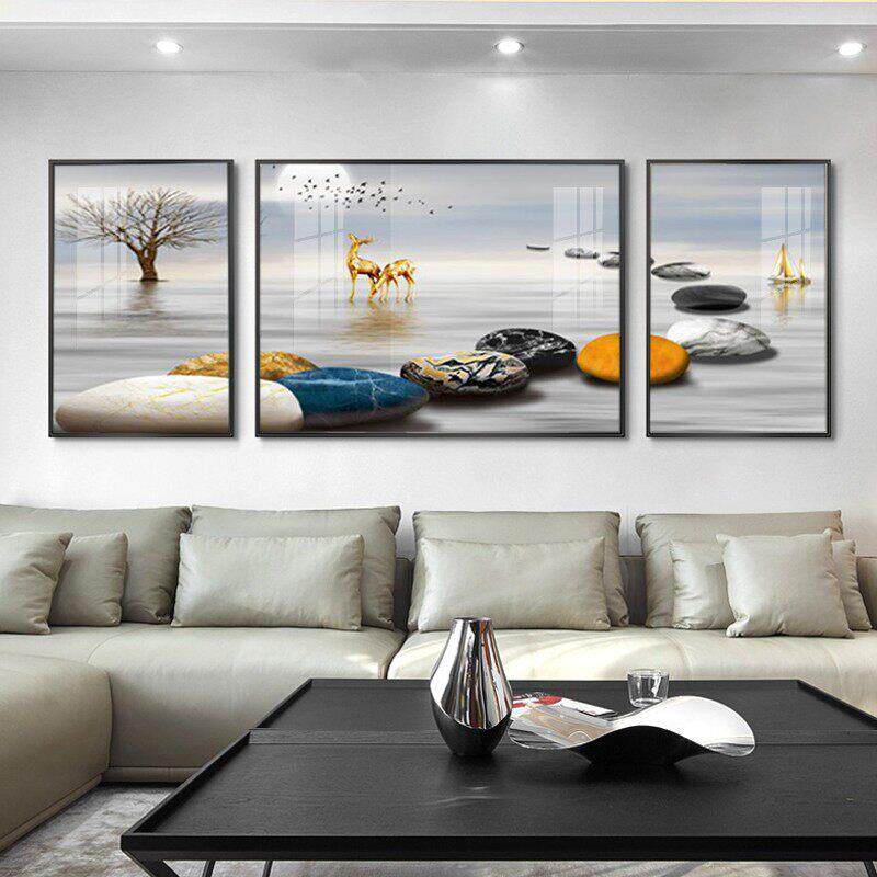高档客厅装饰画简约现代三联晶瓷镶钻壁画石来运转沙发背景墙挂画