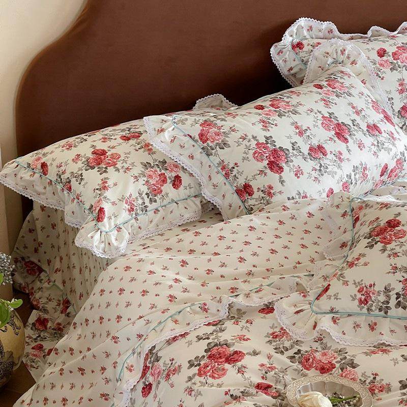 全棉法式复古风碎花荷叶边四件套亲肤舒适四季床品主卧套件,床上用品,床垫/床褥/床护垫/榻榻米床垫,淘宝优惠券,粉丝福利购,淘宝优惠卷