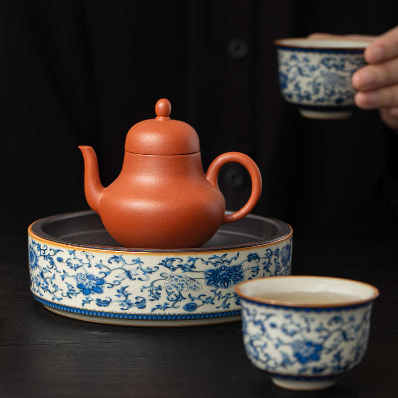 汝窑青花缠枝莲陶瓷壶承中式紫砂壶垫家用储水干泡台托盘茶道零配