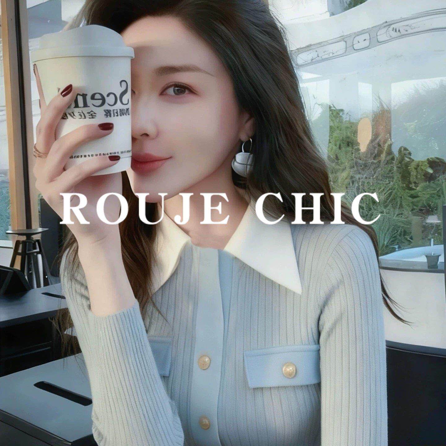 法国rouje chic法式高级感淡蓝色翻领针织衫女春款气质风修身毛衣