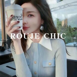 法国rouje chic法式高级感淡蓝色翻领针织衫女春款气质风修身毛衣