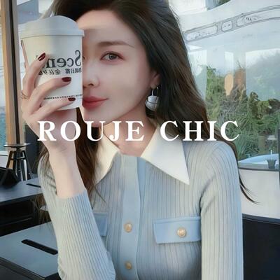 法国rouje chic法式高级感淡蓝色翻领针织衫女春款气质风修身毛衣