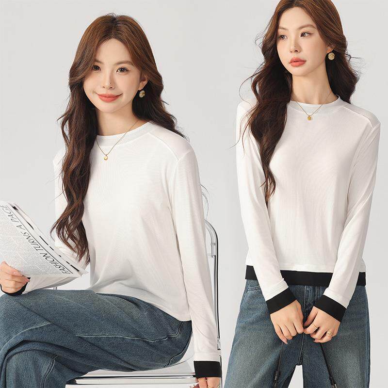 撞色拼接假两件长袖t恤女秋冬新款简约高级感修身显瘦打底衫上衣