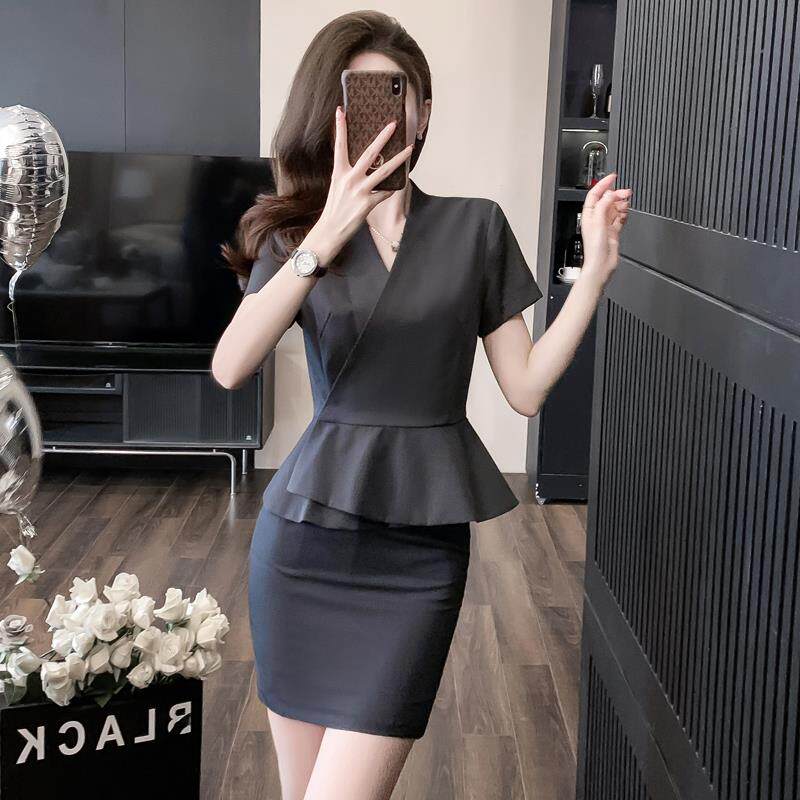 短袖灰色西装套装裙职业装气质女神范面试套装高端前台制服两件套
