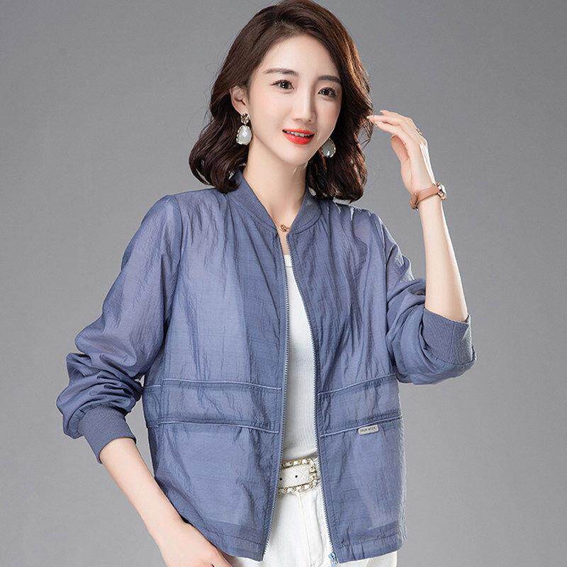 大码休闲棒球领薄款透气夹克防晒衣夏季中年妈妈春秋开衫短款外套