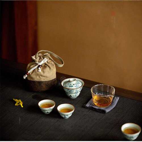 仿古青花汝窑一壶两杯快客杯小套组户外旅行便携陶瓷旅行茶具套装