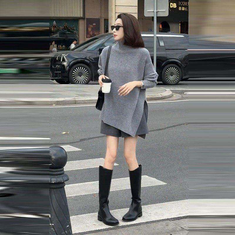 洋气时髦不规则下摆高领长袖打底毛衣女2025秋冬新款设计感针织衫