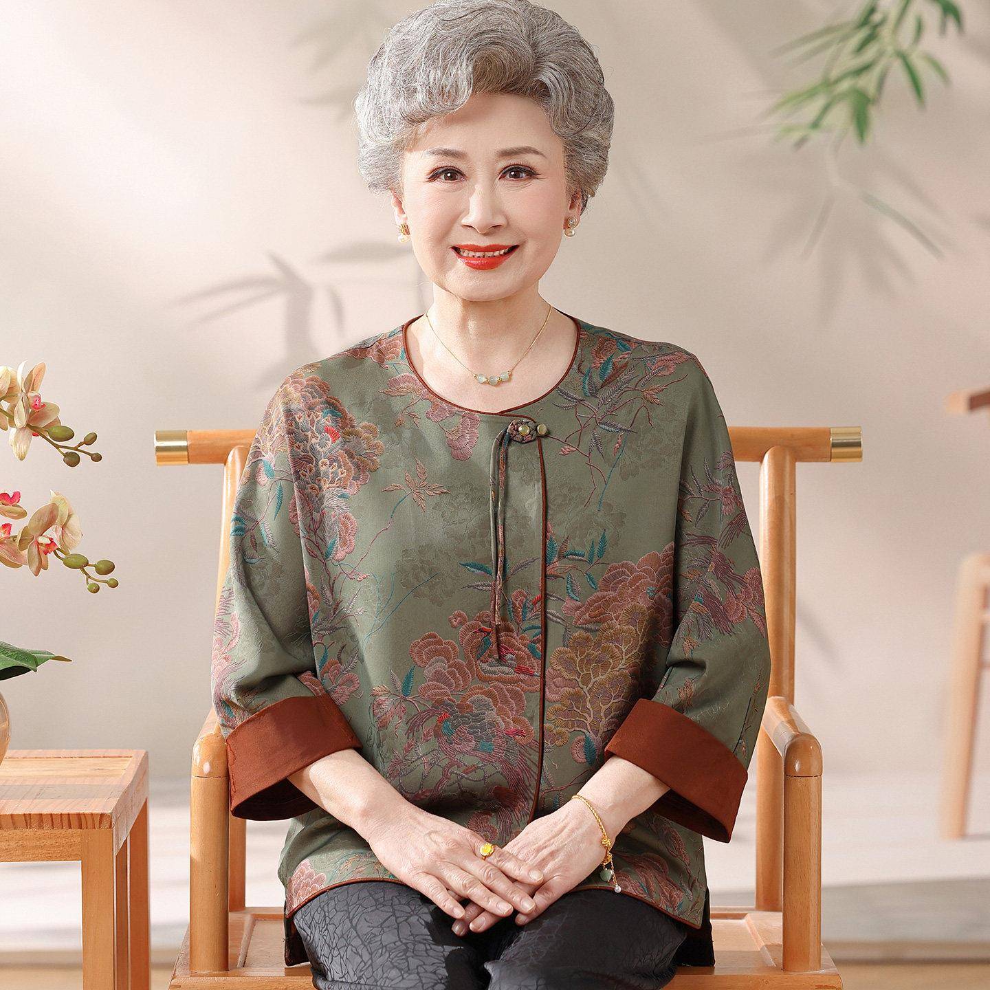 民族风中老年人衬衫女开衫夏装桑蚕丝100%套装奶奶真丝透气上衣薄
