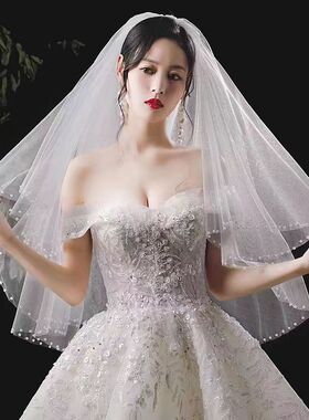 白色头纱新娘结婚主婚纱领证拍照道具造型蓬蓬松法式简单高级韩式