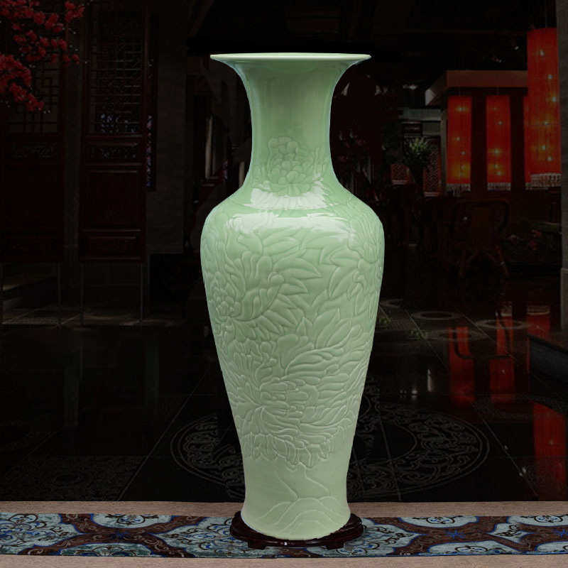 景德镇陶瓷器大花瓶雕刻影青瓷荷花牡丹1米落地客厅装饰大号摆件