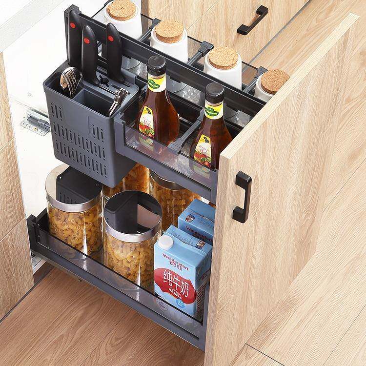 意铂尼玻璃拉篮厨房橱柜拉蓝抽屉式不锈钢可拆卸式调味篮内置碗篮