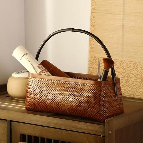 手工竹编大漆镂空竹包水果篮 桌面茶具收纳筐 中式复古首饰整理盒