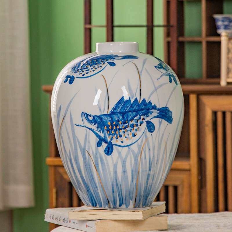 雨彤家居”手做瓷年年有余”陶瓷花瓶玄关客厅新中式轻奢陶瓷摆件