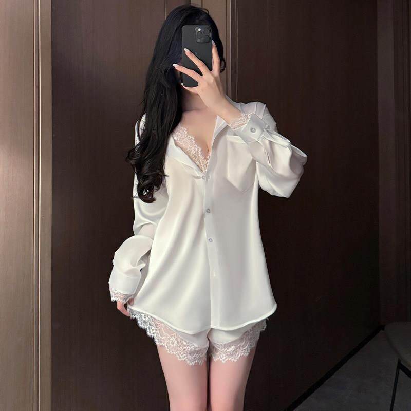 白衬衫睡衣女性感小个子纯欲蕾丝衬衣套装丝绸缎面长袖上衣和短裤