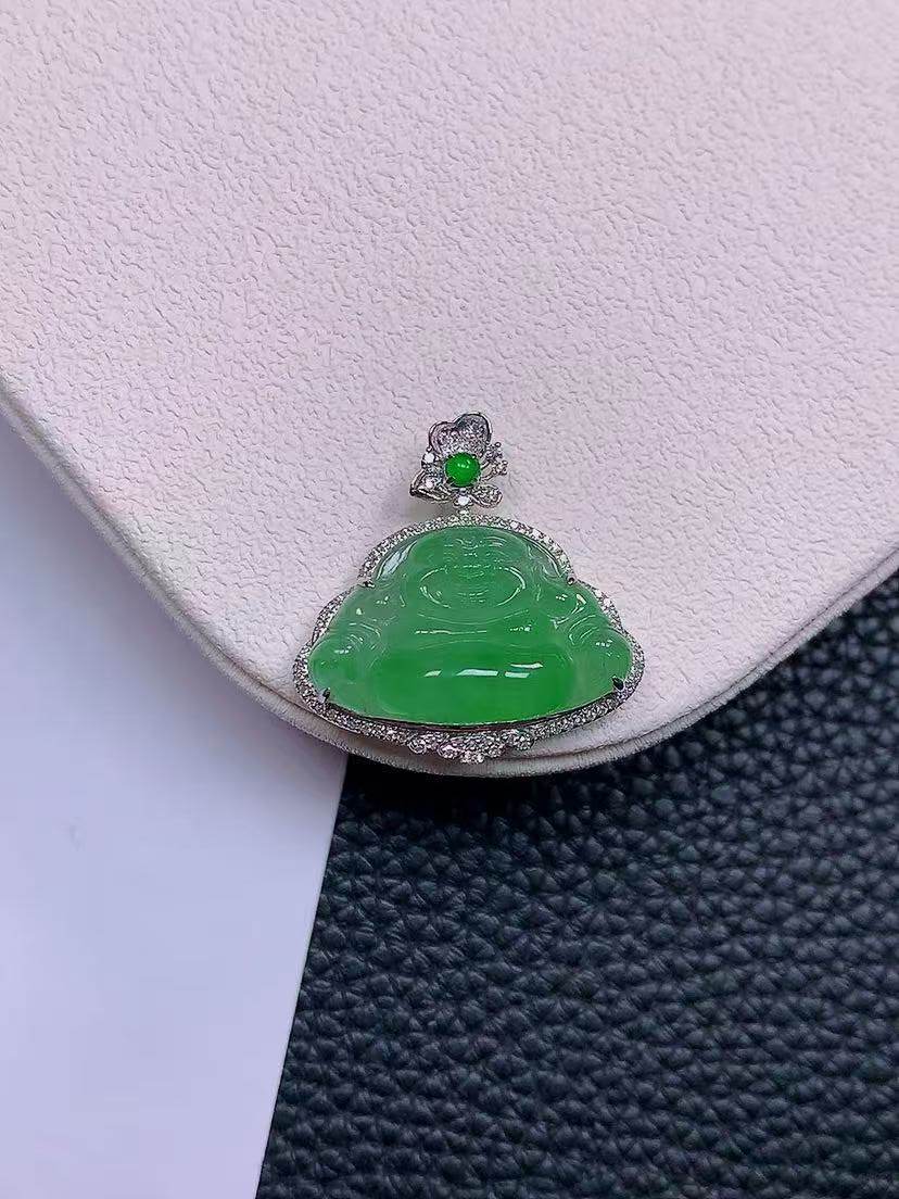 天然真品翡翠正品 水润细腻气质18k金镶嵌冰阳绿满阳色佛公吊坠
