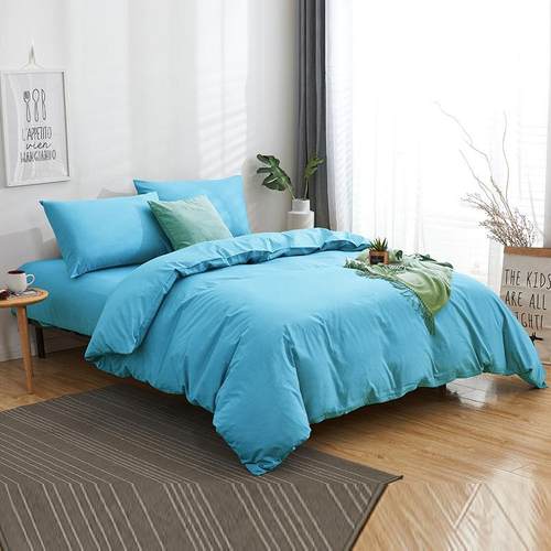 A5L蓝色四品件套纯色七维素色店酒床上用F8MJSS5床单套净色三件被