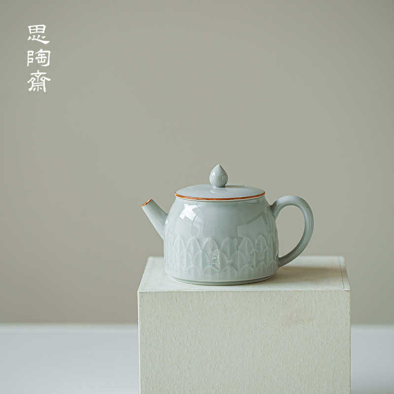 茶具瓣思泡茶功夫创意茶壶泡陶斋家用浮雕陶瓷壶蓝滤带过茶器莲古