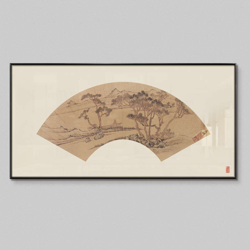 新中式书房茶桌背景墙装扇面饰画别墅餐厅大气多联挂壁画玄关禅意