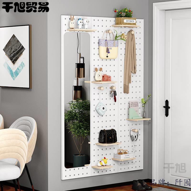 洞洞板墙上置物架玄关入户门厅多功能收纳展示架实木质挂衣架壁挂