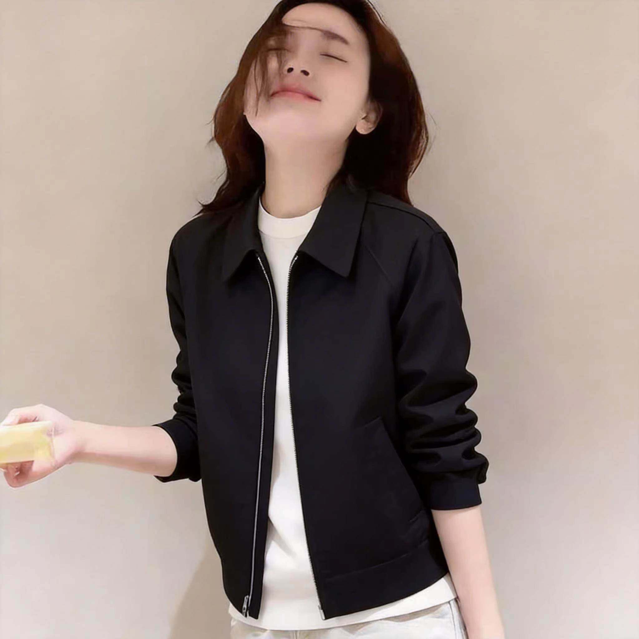 韩国极简巴恩风黑色短款工装外套女春秋新款小个子时尚通勤夹克潮
