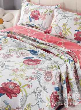 中国床风花开富贵绗缝被44417跨境上用品四季印通用全棉床盖三花