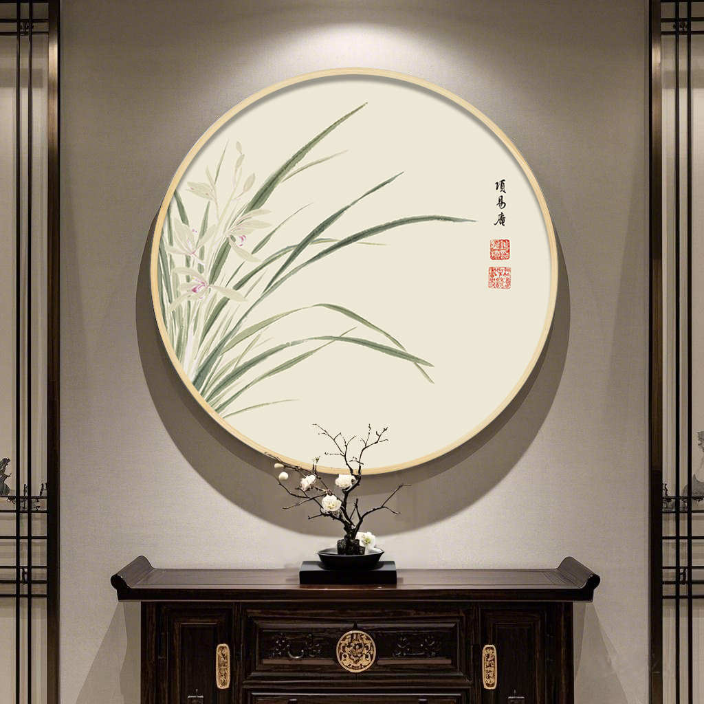 圆形装饰画中国风客厅兰花挂画玄关壁画茶室书房新中式古风背景墙